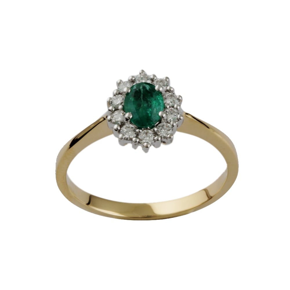 9ct Yellow and White Gold Emerald 0.51ct and Diamond 0.31ct Cluster Ring