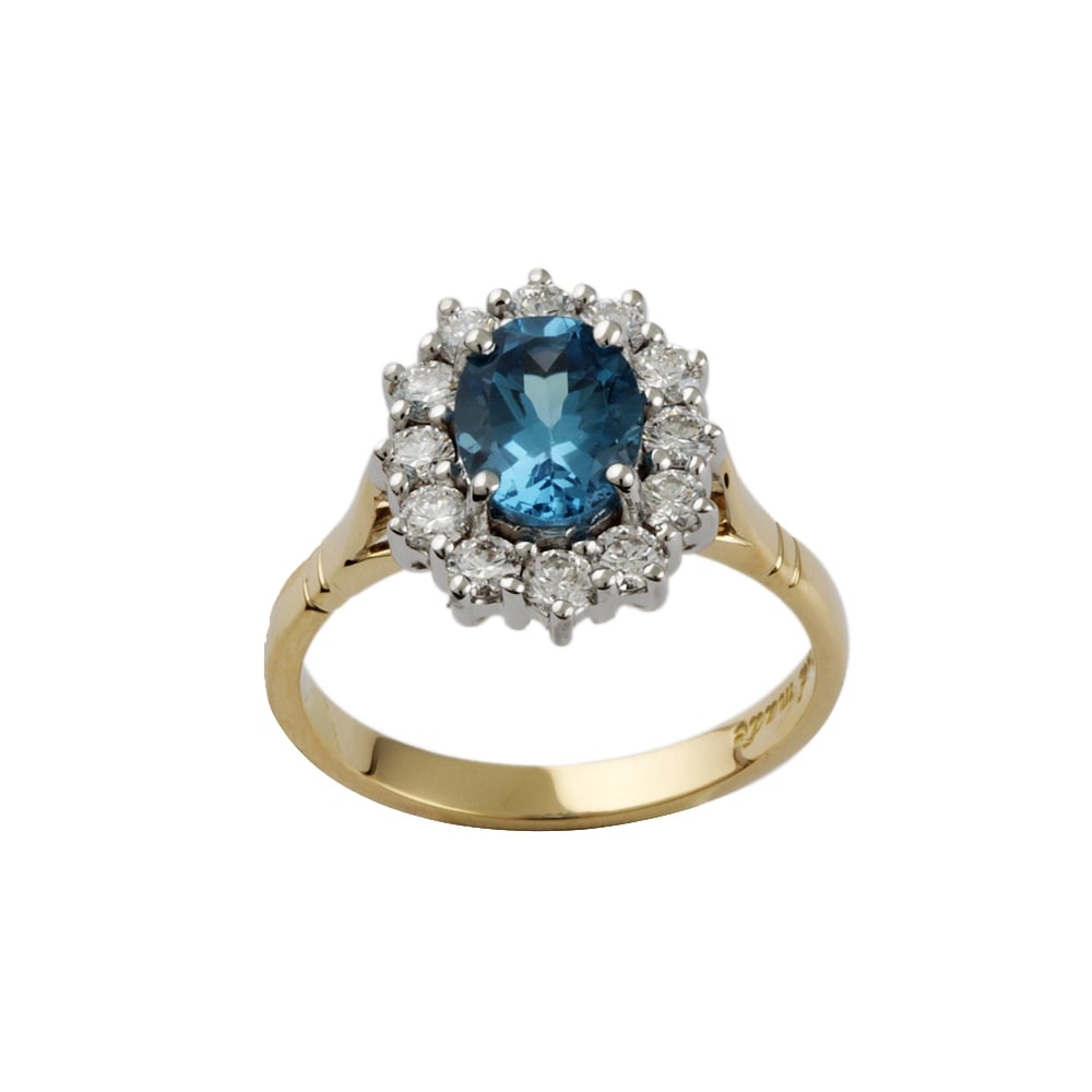 9ct Yellow and White Gold Blue Topaz 1.60ct and Diamond 0.61ct Cluster Ring