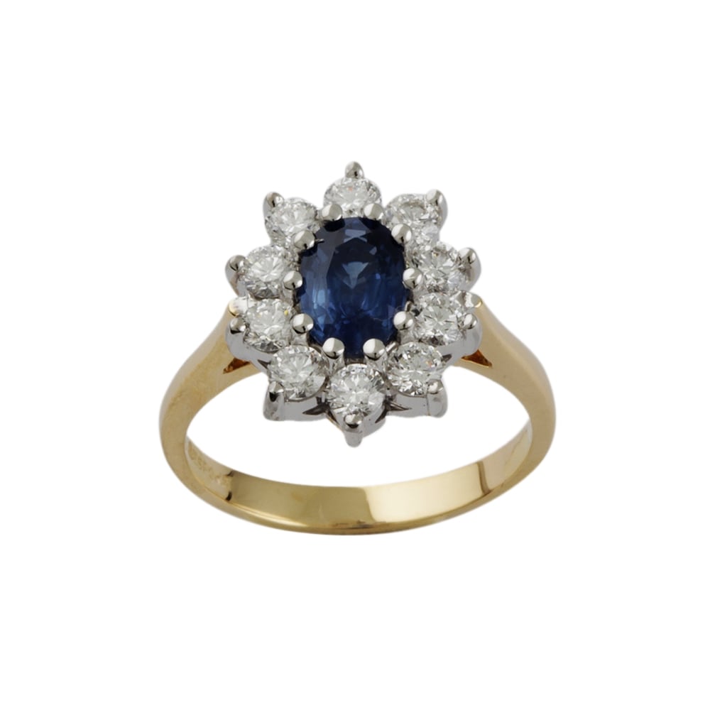 9ct Yellow and White Gold Blue Sapphire 1.15ct and Diamond 0.81ct Cluster Ring