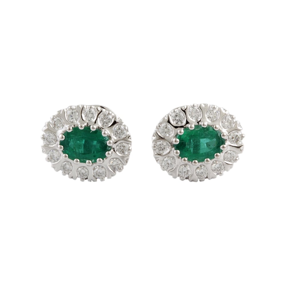 9ct White Gold Emerald 1.37ct and Diamond 0.62ct Stud Earrings