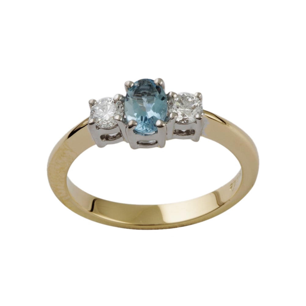 9ct Yellow and White Aquamarine and Diamond Three Stone Ring