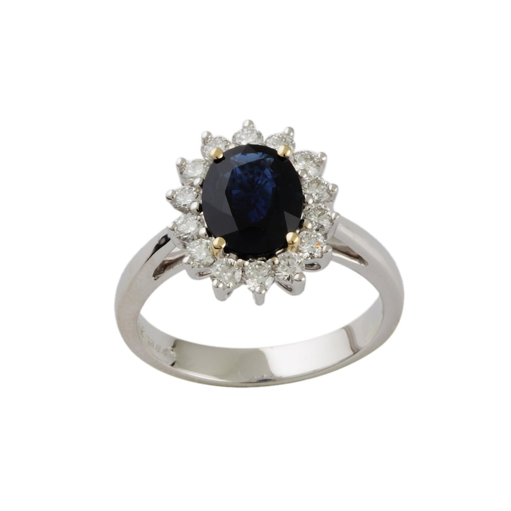 9ct  White Gold Blue Sapphire  2.01ct  and Diamond 0.60ct Cluster Ring