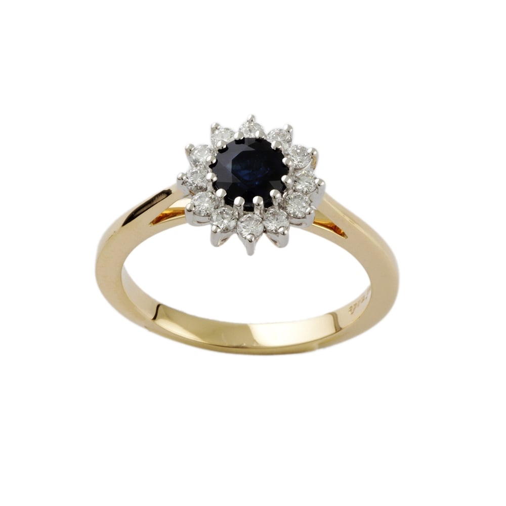 9ct Yellow and White Gold Blue Sapphire and Diamond Cluster Ring