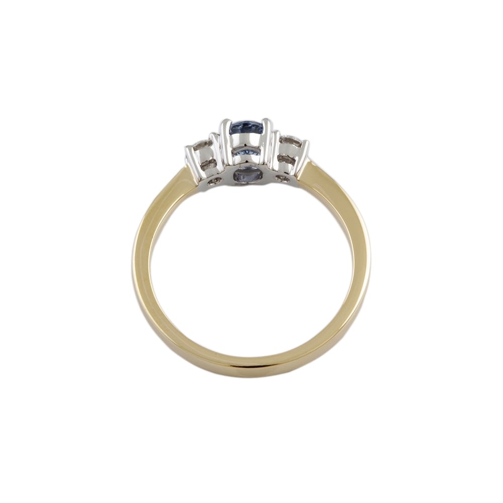 9ct Yellow and White Gold Blue Sapphire and Diamond Three Stone Ring