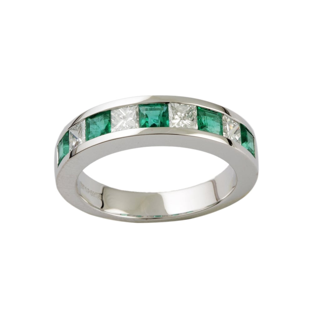 9ct White Gold Emerald and Diamond Half Eternity Ring