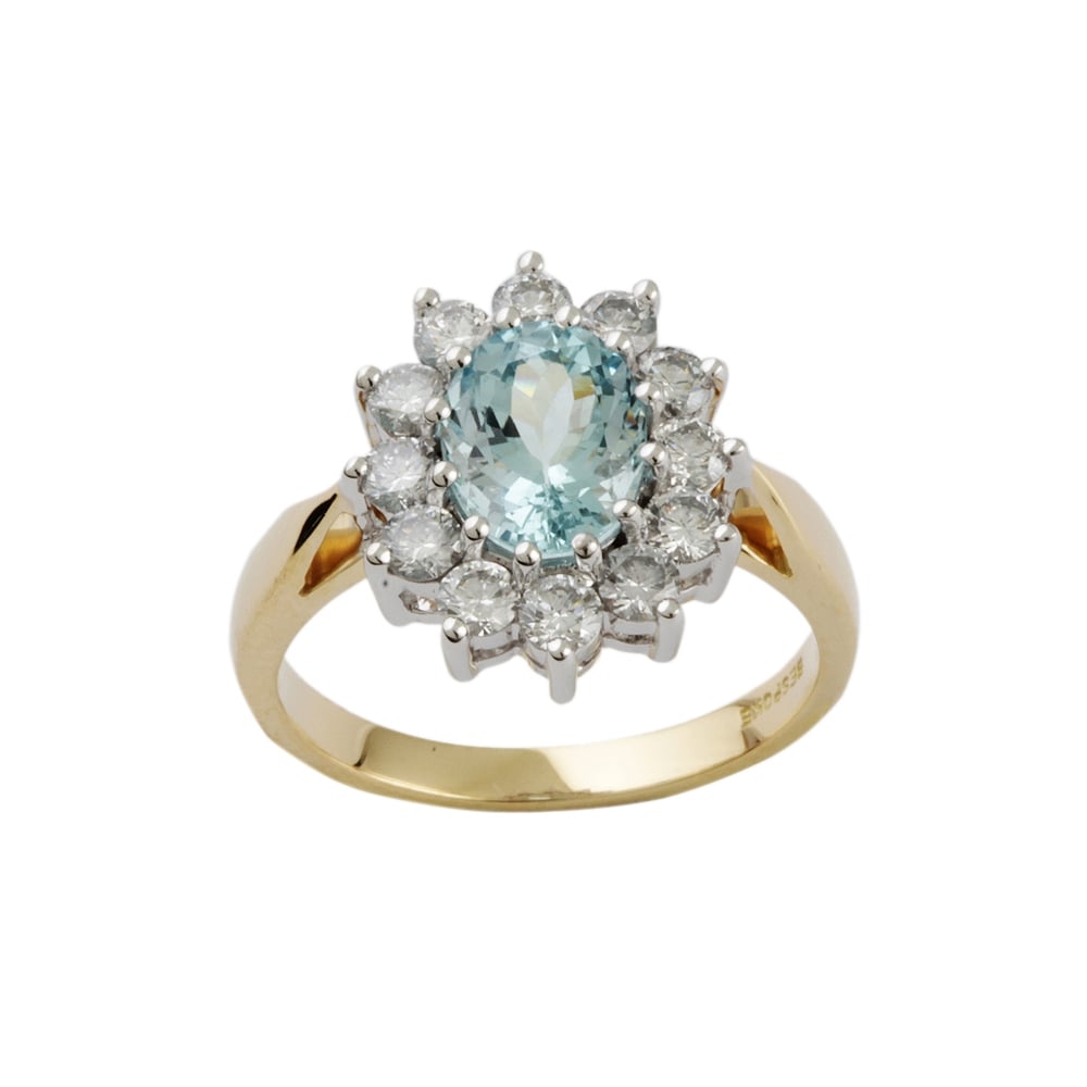 9ct Yellow and White Gold Aquamarine 1.61ct and Diamond Cluster Ring 0.95ct