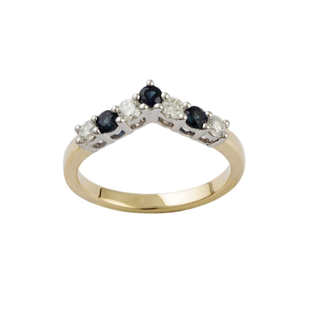 9ct Yellow and White Gold Blue Sapphire and Diamond Wishbone Ring