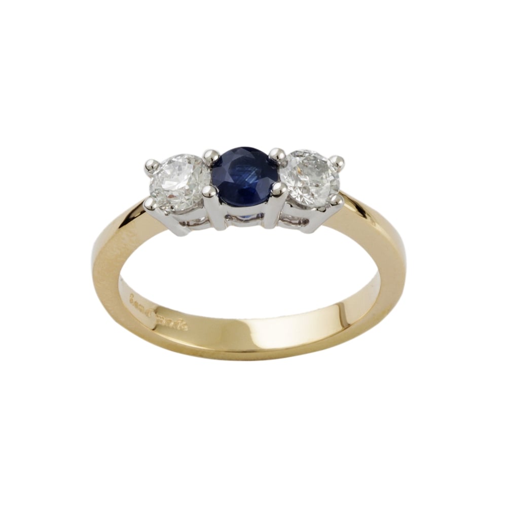 9ct Yellow and White Gold Blue Sapphire and Diamond Three Stone Ring