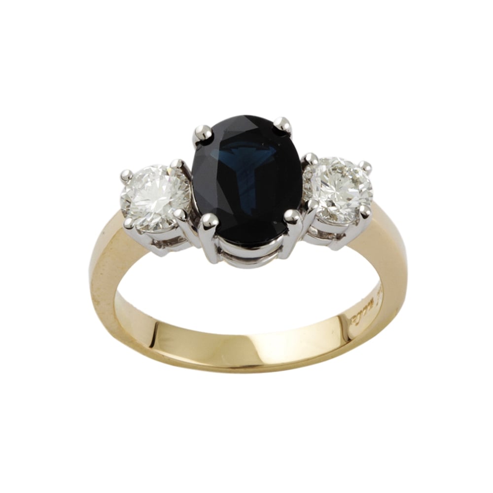 9ct Yellow and White Gold Blue Sapphire and Diamond Three Stone Ring