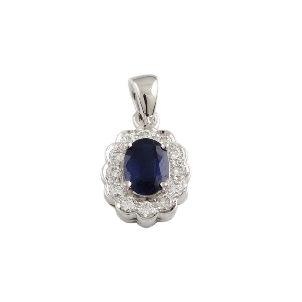 9ct White Gold Blue Sapphire and Diamond Cluster Pendant