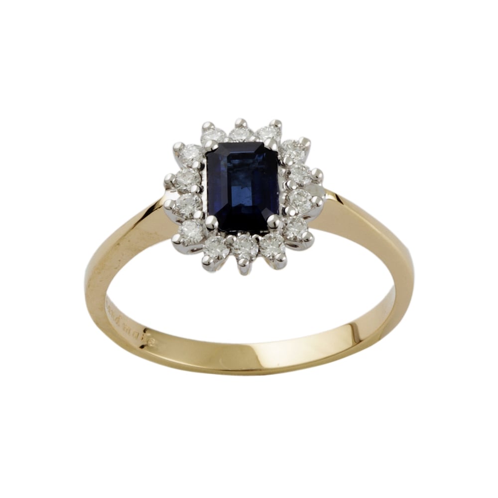 9ct Yellow and White Gold Blue Sapphire  1.22ct and Diamond Cluster Ring 0.32ct