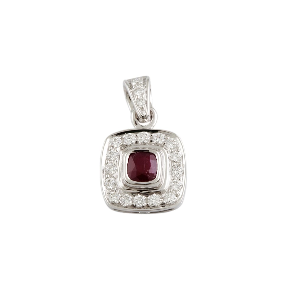 9ct White Gold Ruby 0.43ct and Diamond 0.28ct Cluster Pendant