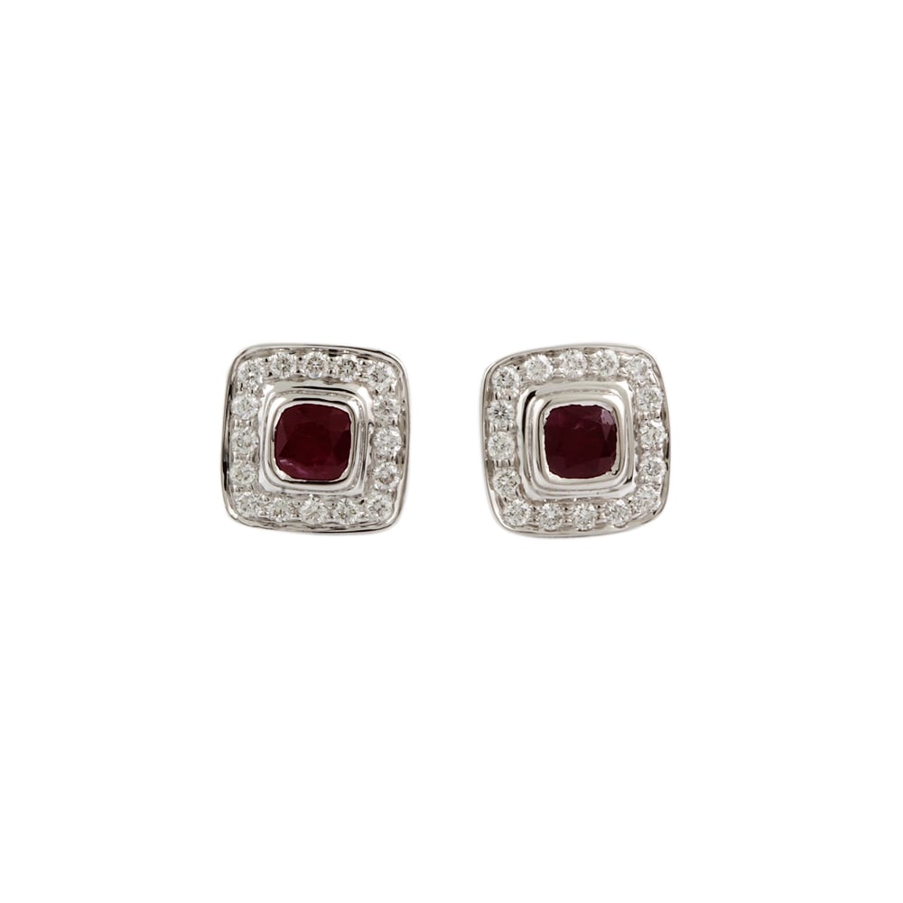 9ct White Gold Ruby 0.71ct and Diamond 0.32ct Cluster Earrings