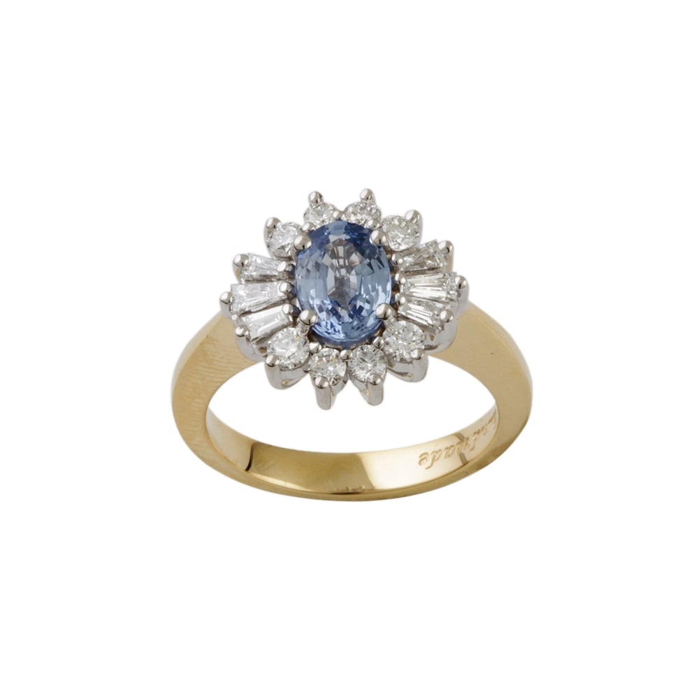 9ct Yellow and White Gold Blue Sapphire 1.02ct and Diamond 0.51ct Cluster Ring