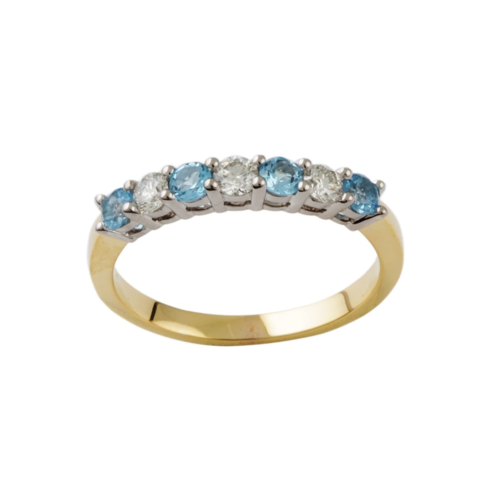 9ct Yellow and White Gold Blue Topaz 0.55ct and Diamond 0.36ct Seven Stone Ring