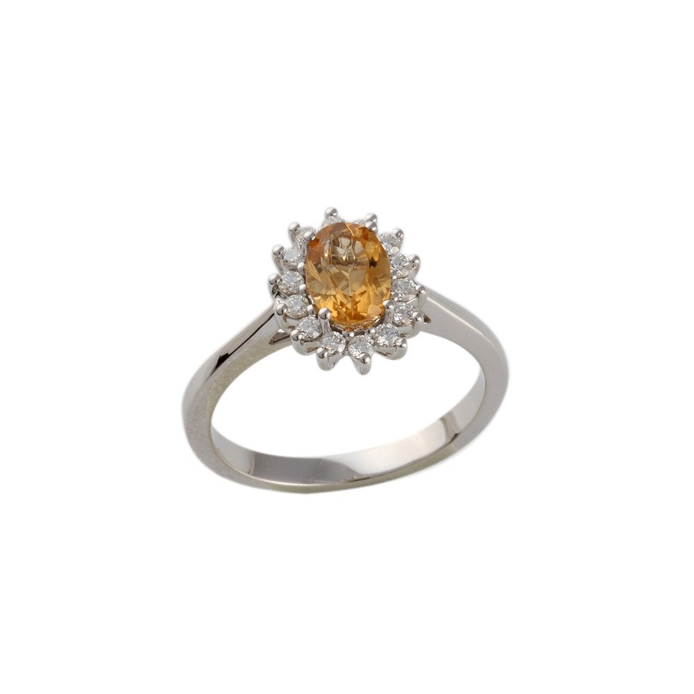 9ct White Gold Diamond  0.22ct and 0.79ct Citrine Cluster Ring