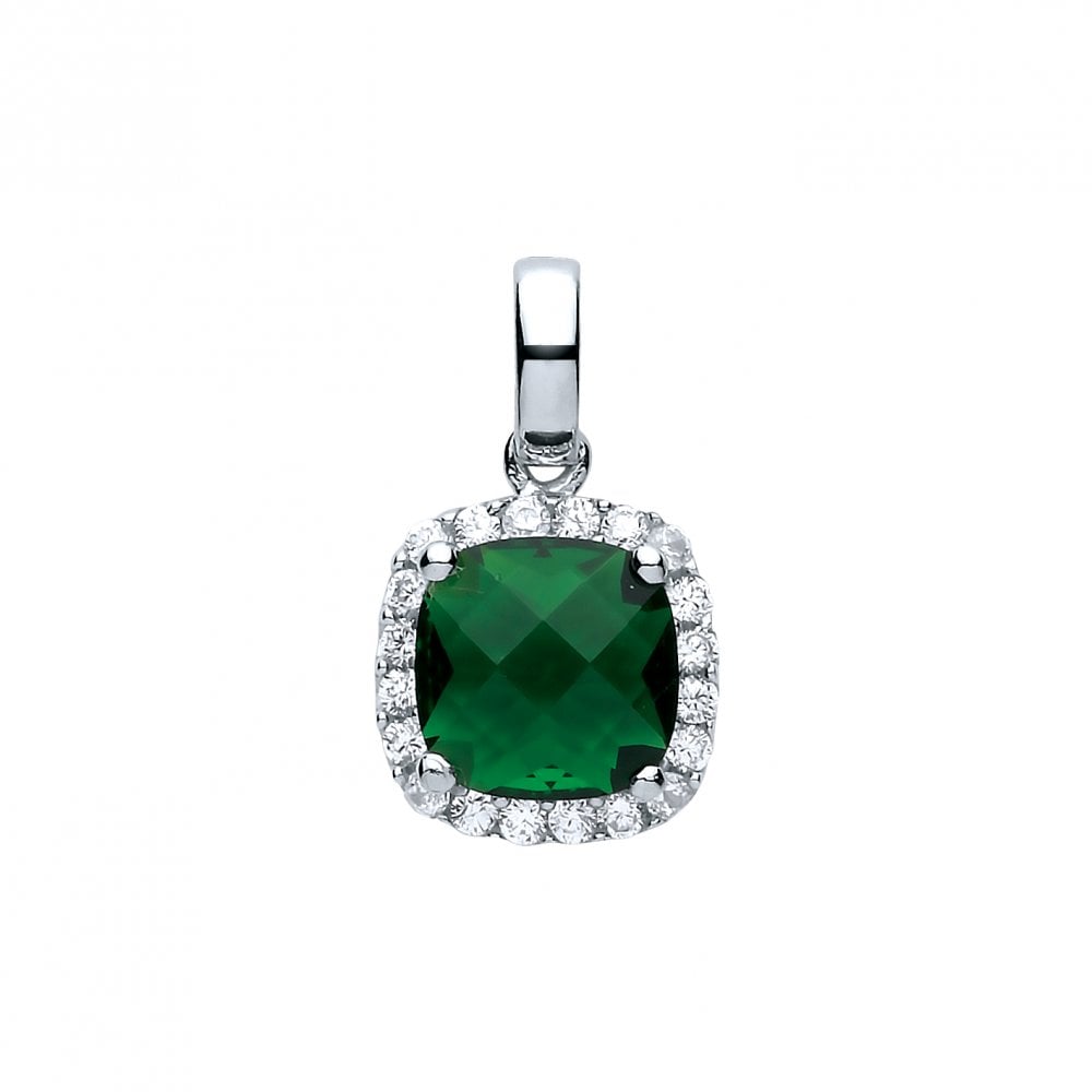 Rhodium Plated Silver Synthetic Emerald and Cubic Zirconia Fancy Pendant