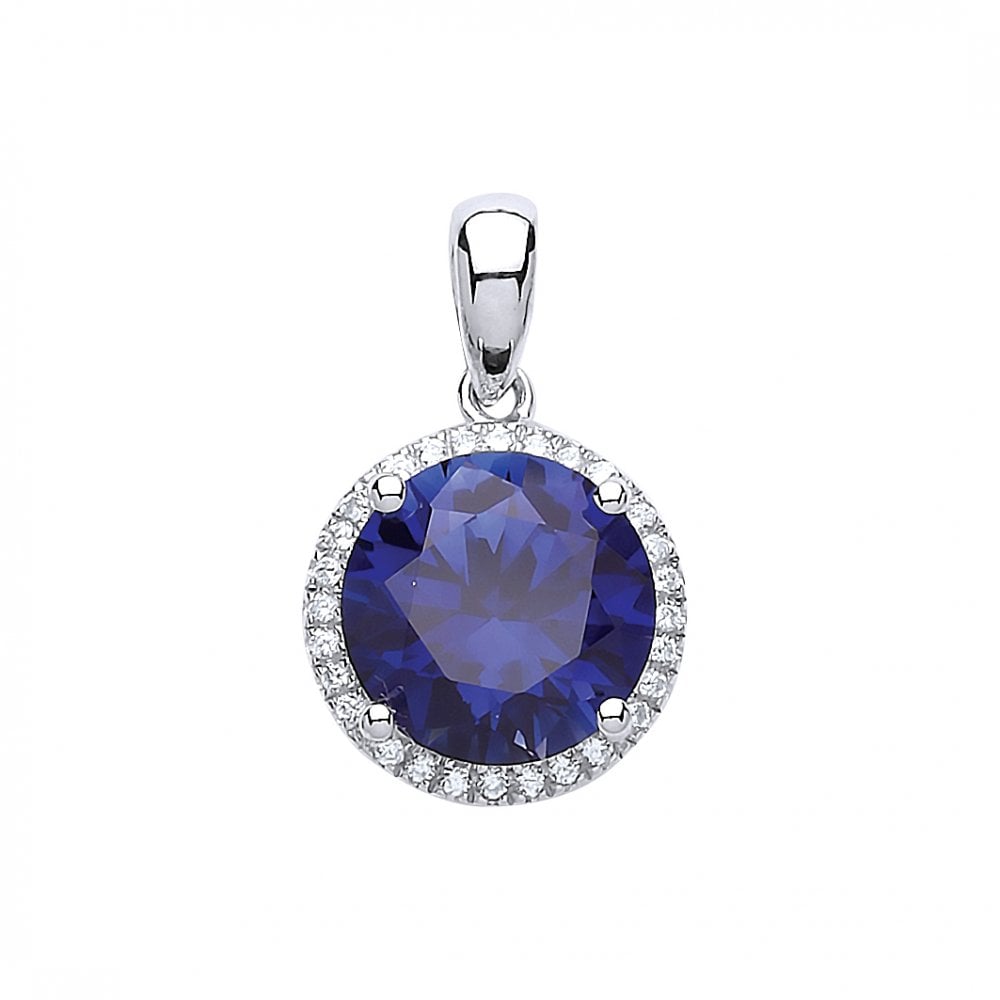 Rhodium Plated Silver Mineral Sapphire and Cubic Zirconia Fancy Pendant