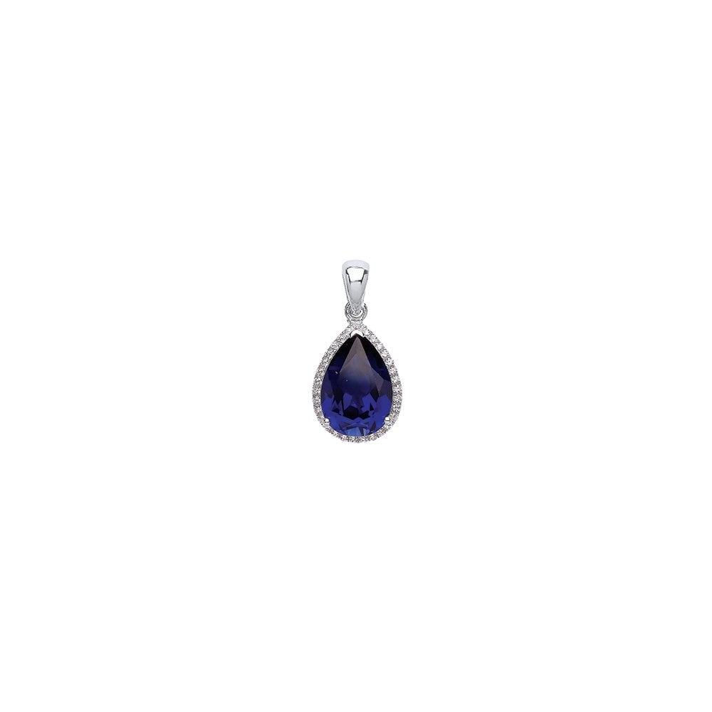 Rhodium Plated Silver Mineral Sapphire and Cubic Zirconia Tear Drop Pendant