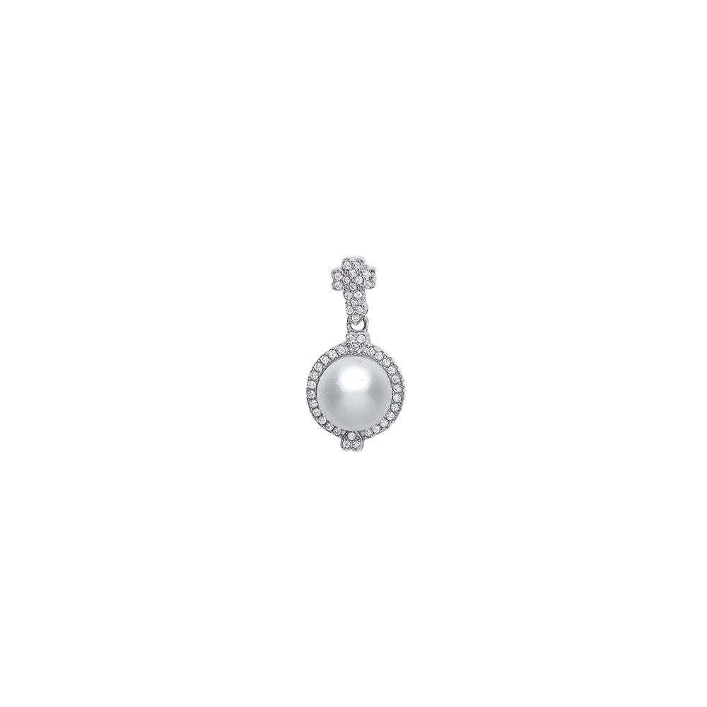 Rhodium Plated Silver Pearl and Cubic Zirconia Fancy Drop Pendant