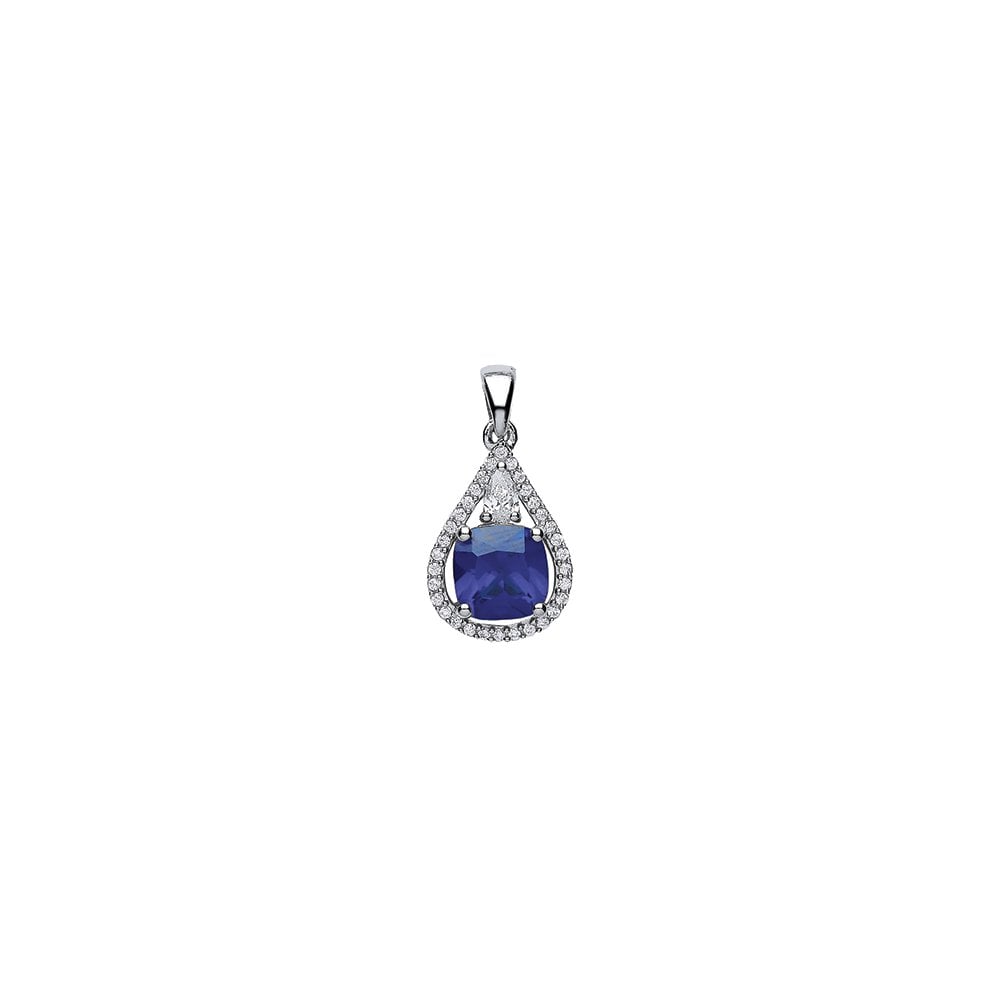 Rhodium Plated Silver Synthetic Tanzanite and Cubic Zirconia Fancy Drop Pendant
