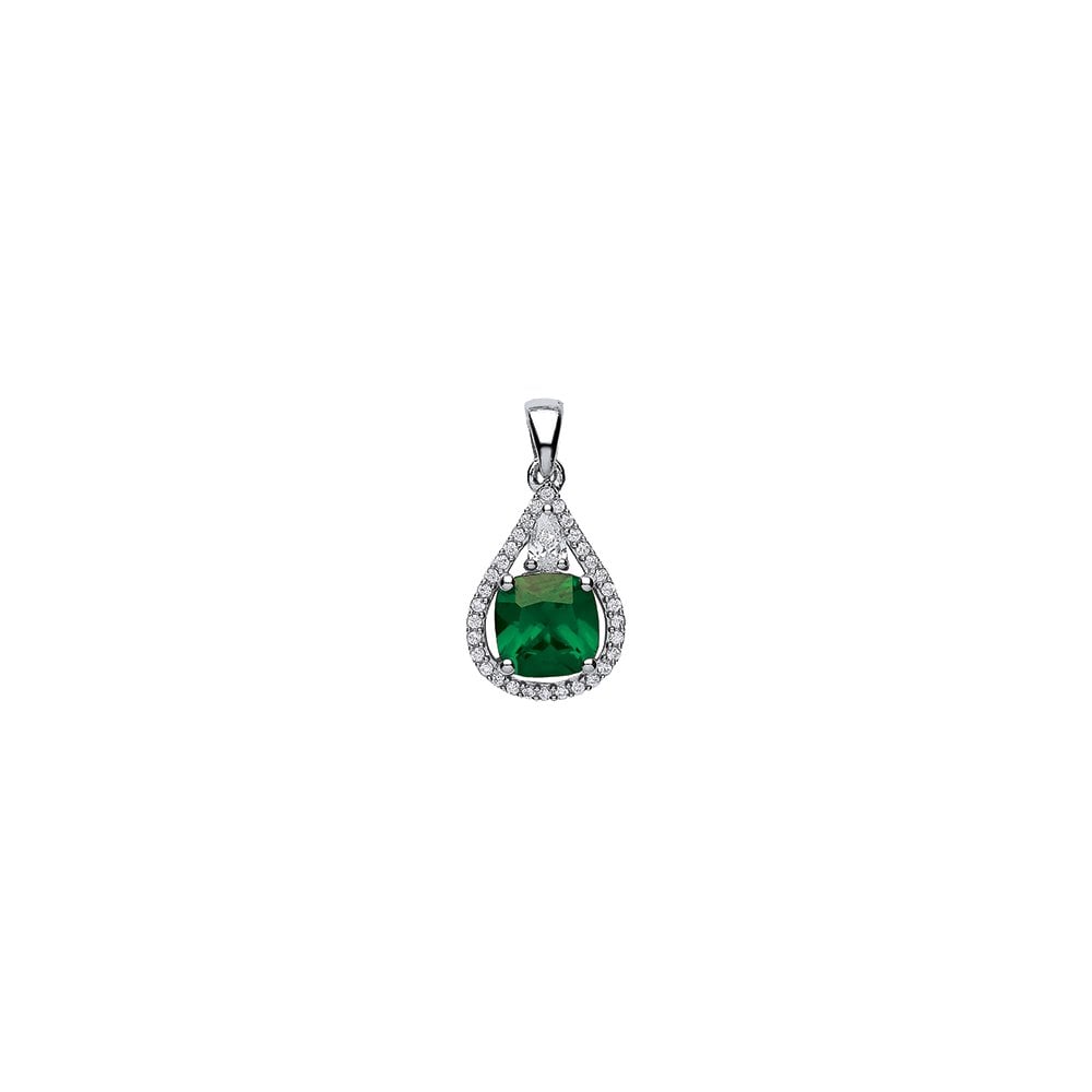 Rhodium Plated Silver Synthetic Emerald and Cubic Zirconia Fancy Drop Pendant