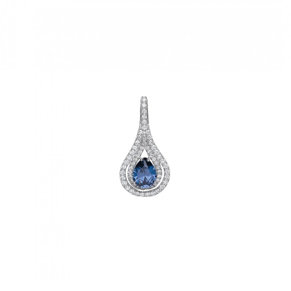 Rhodium Plated Silver Mineral Sapphire and Cubic Zirconia Classic Drop Pendant