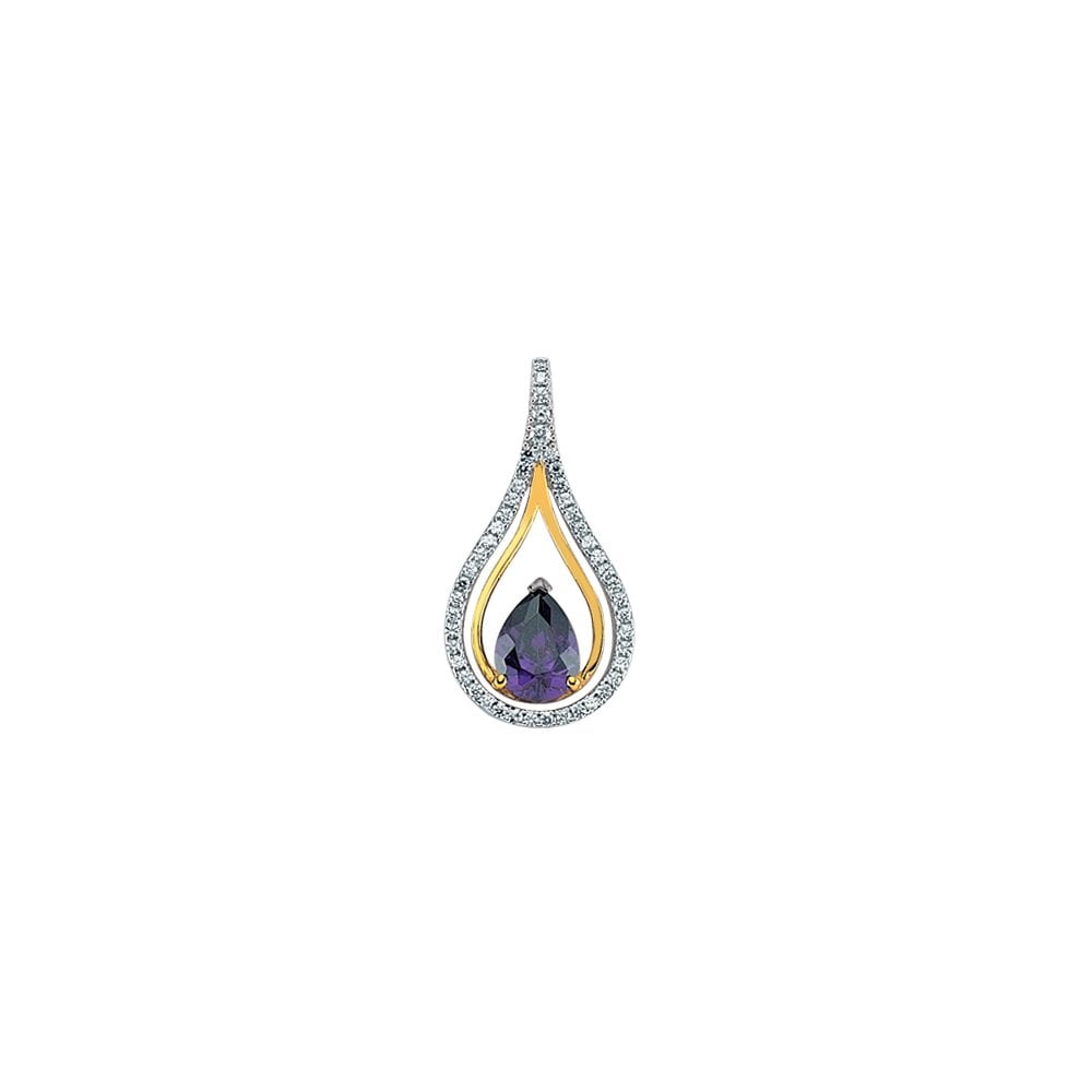 Gold Plated and Rhodium Plated Silver Synthetic Amethyst and Cubic Zirconia Tear Drop Pendant