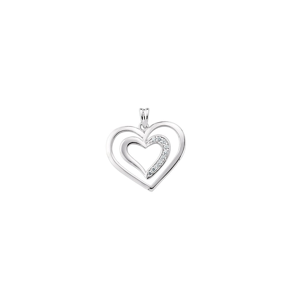 Rhodium Plated Silver Cubic Zirconia Double Heart Love Pendant