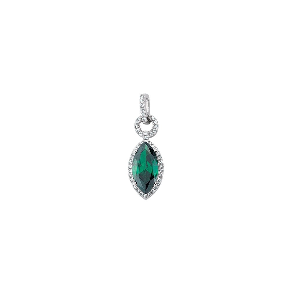 Rhodium Plated Silver Synthetic Emerald and Cubic Zirconia Drop Pendant
