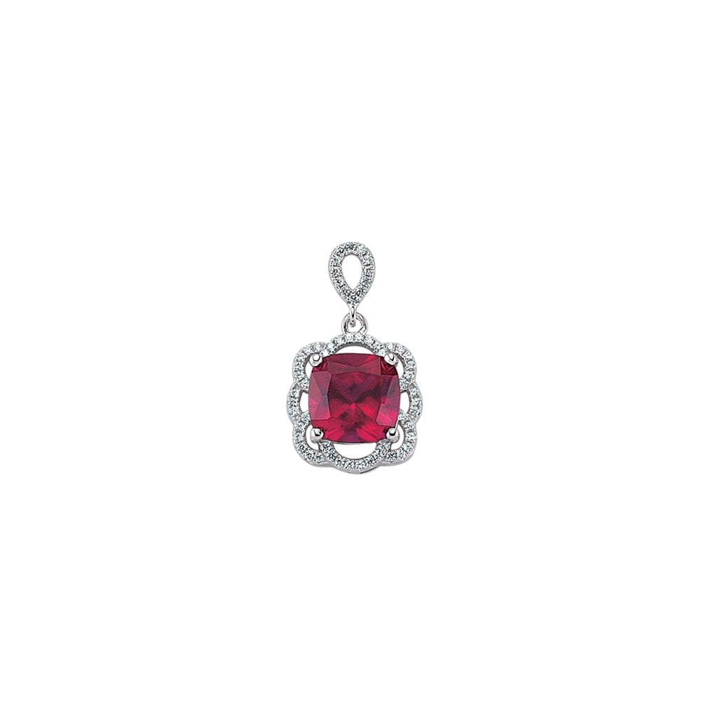Rhodium Plated Silver Synthetic Ruby and Cubic Zirconia Drop Pendant