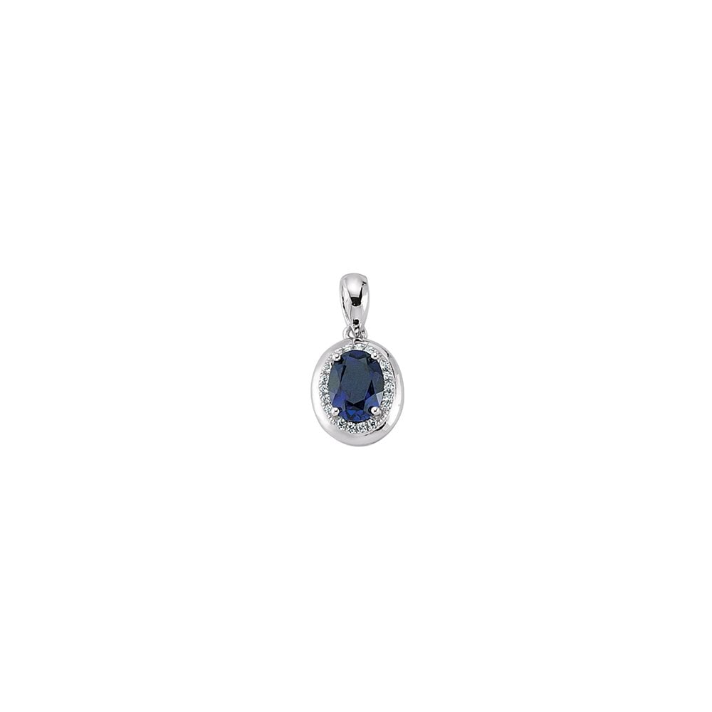 Rhodium Plated Silver Mineral Sapphire and Cubic Zirconia Classic Oval Pendant