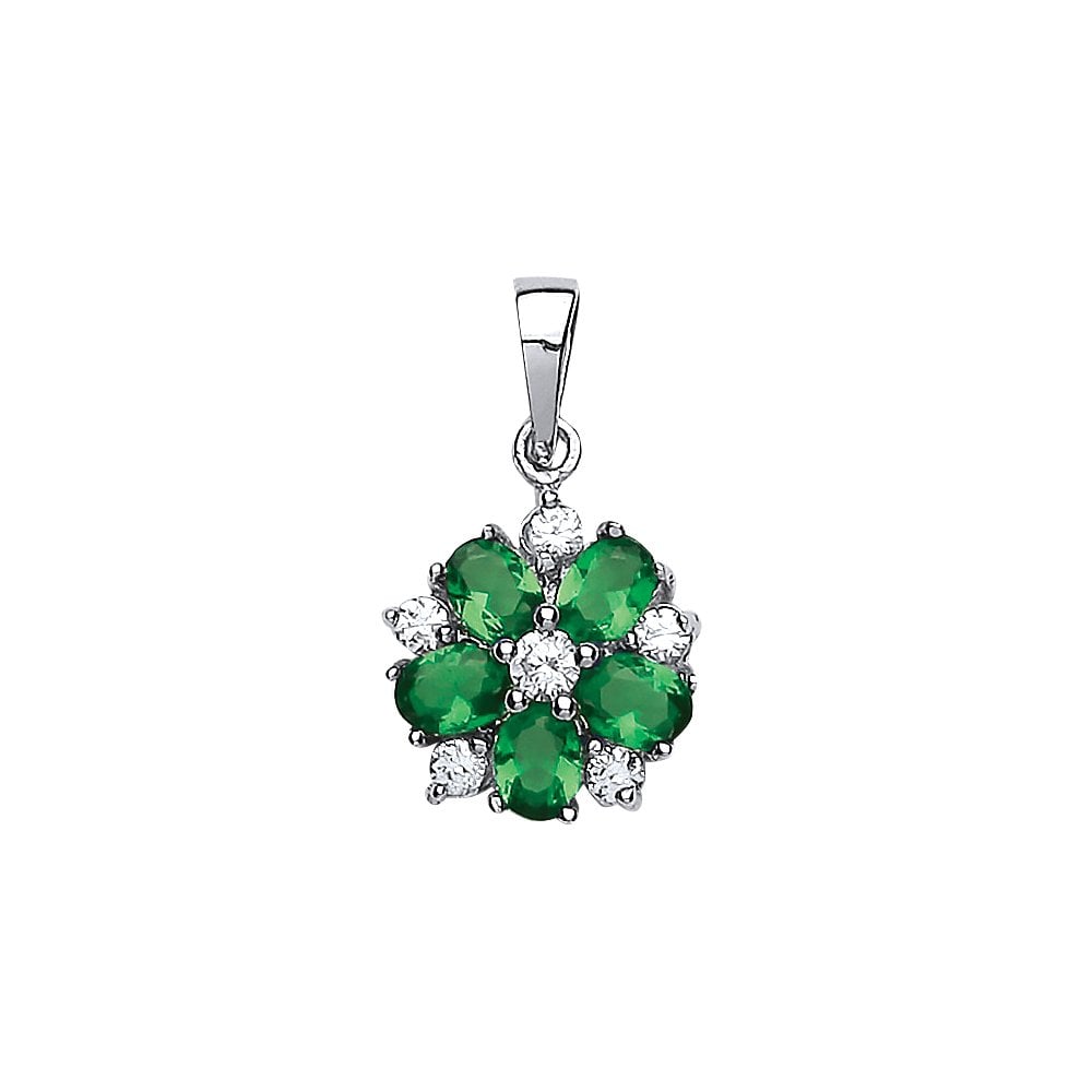 Rhodium Plated Silver Synthetic Emerald and Cubic Zirconia Flower Pendant