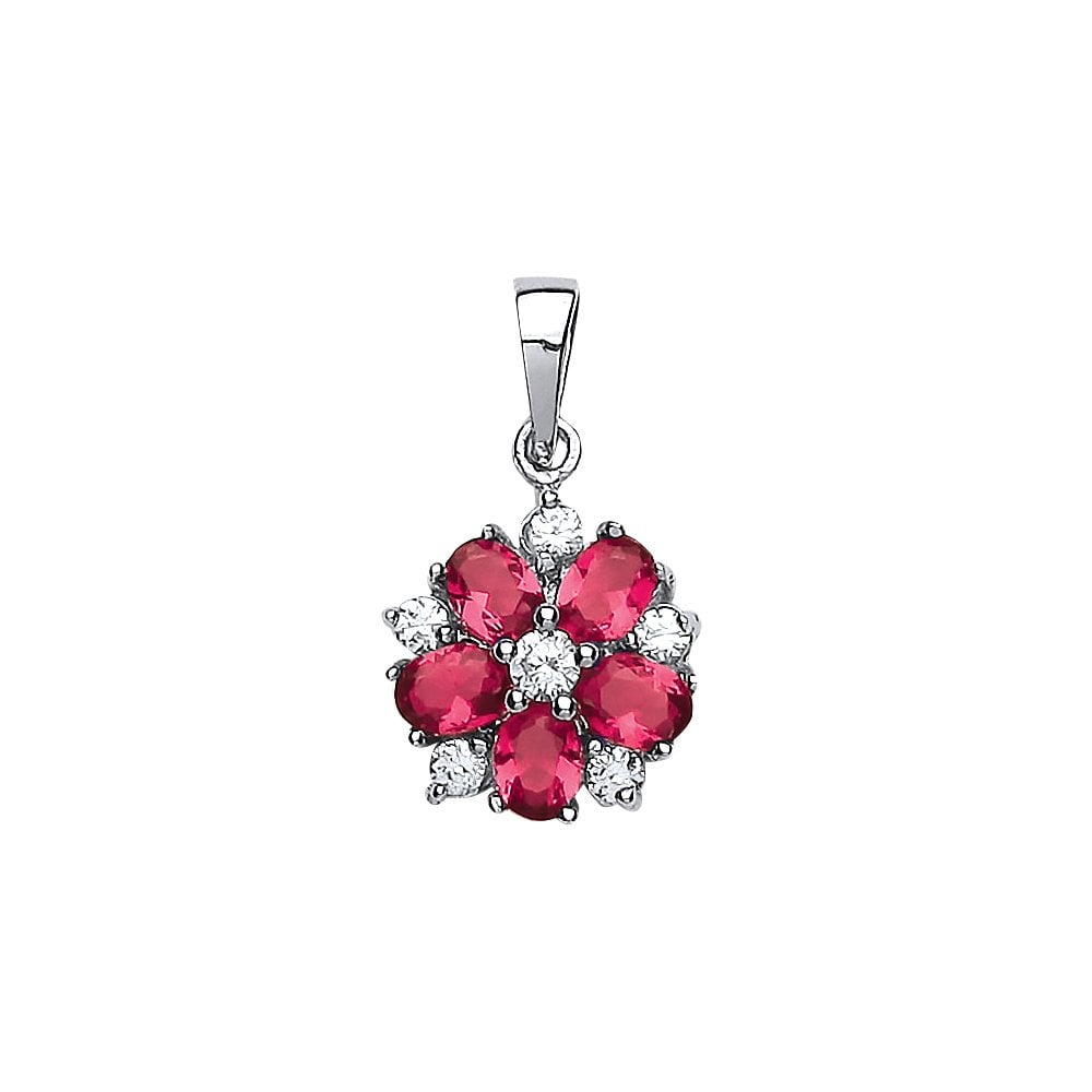 Rhodium Plated Silver Synthetic Ruby and Cubic Zirconia Flower Pendant