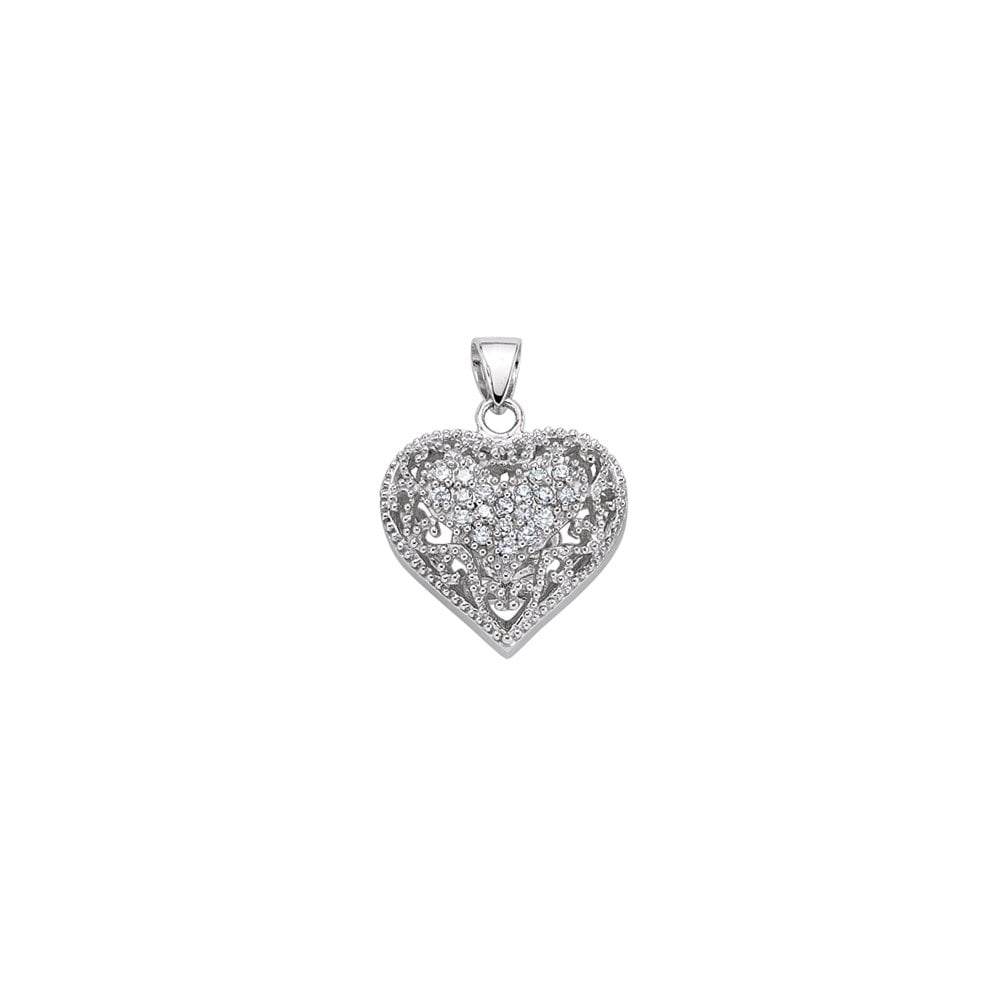 Rhodium Plated Silver Cubic Zirconia Heart Pendant