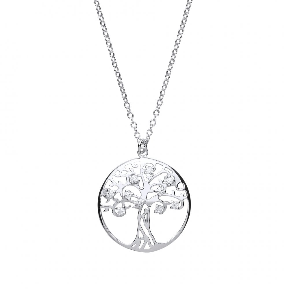 Rhodium Plated Silver Cubic Zirconia Dainty Tree Necklace with Chain