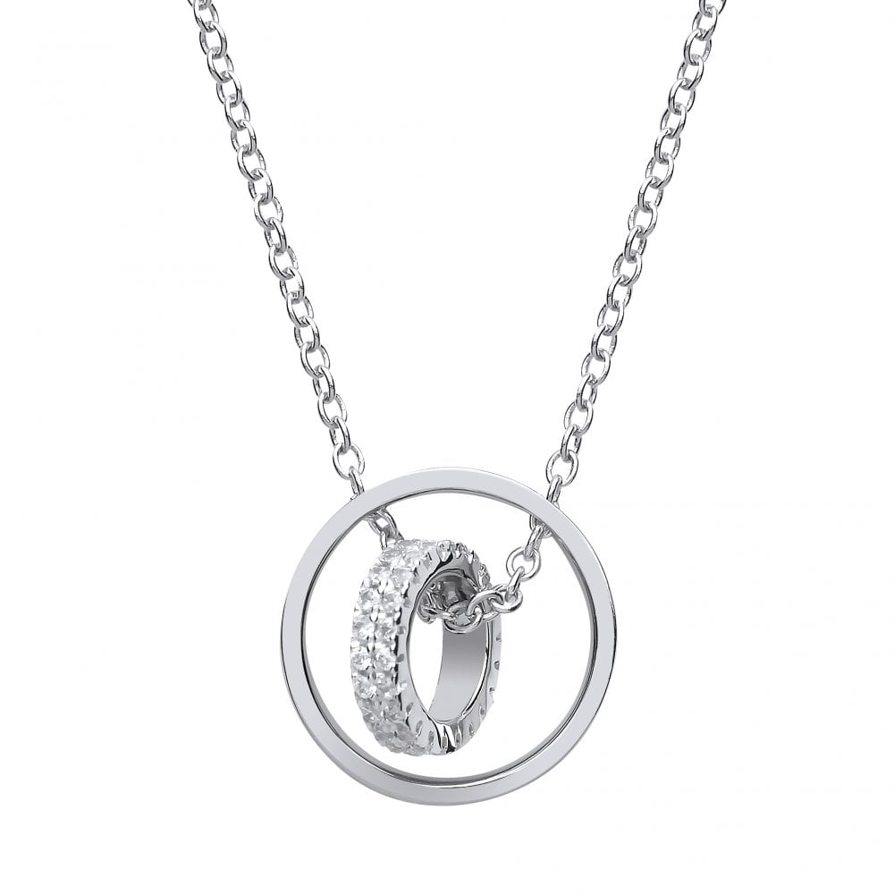 Rhodium Plated Silver Cubic Zirconia Double Loop Drop Pendant Necklace