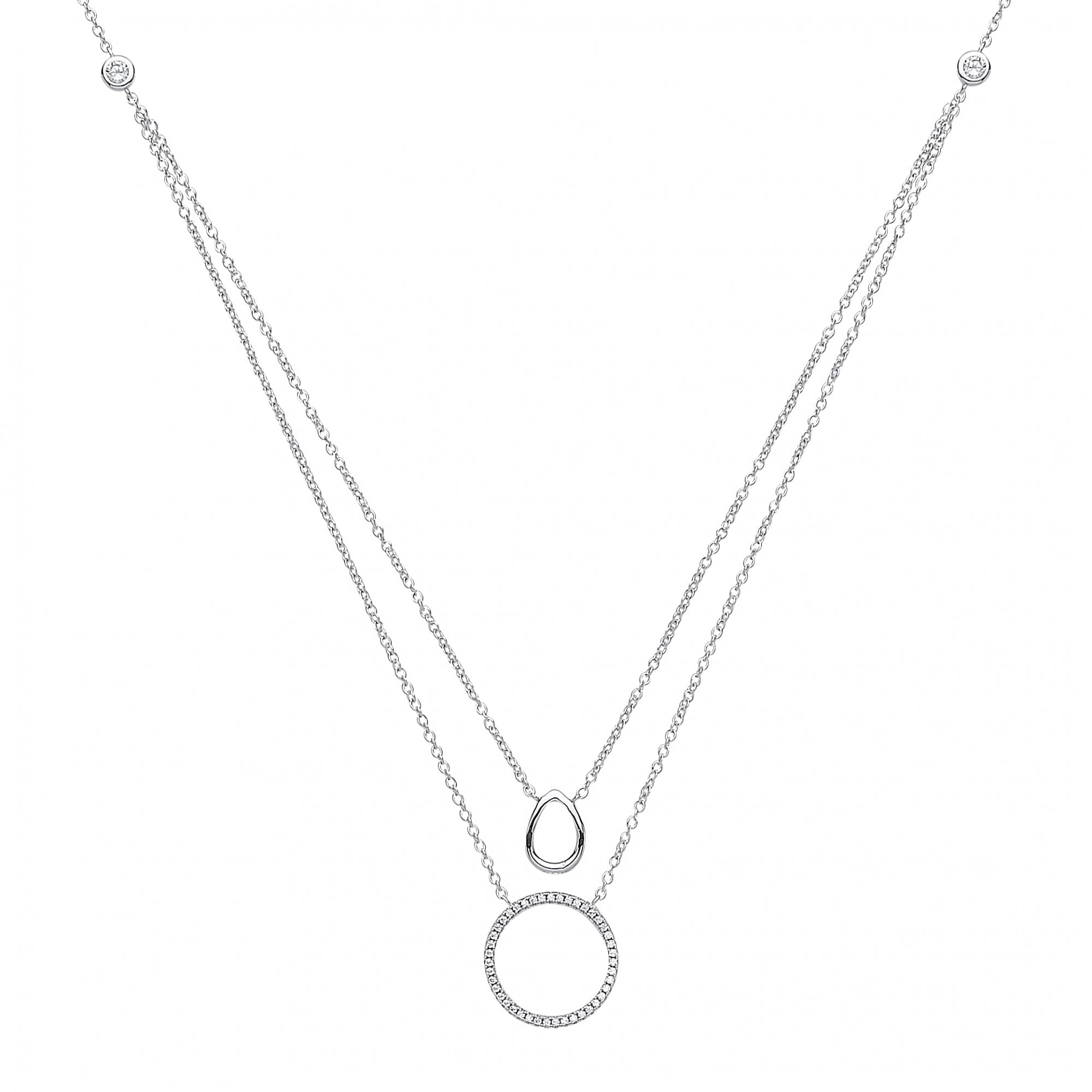 Rhodium Plated Silver Cubic Zirconia Double Chain Charms Necklace