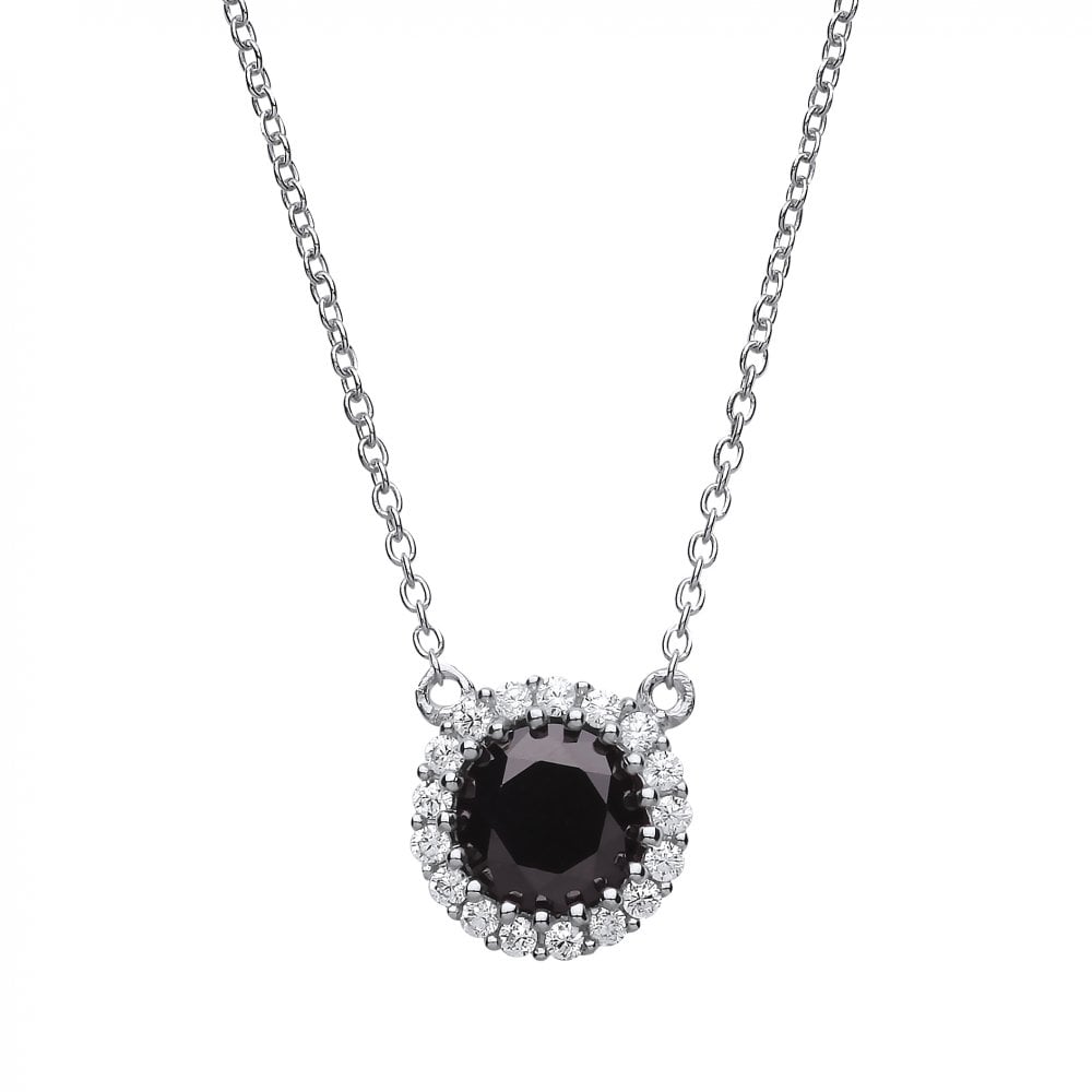 Rhodium Plated Silver Created Black Onyx and Cubic Zirconia Dainty Pendant Necklace