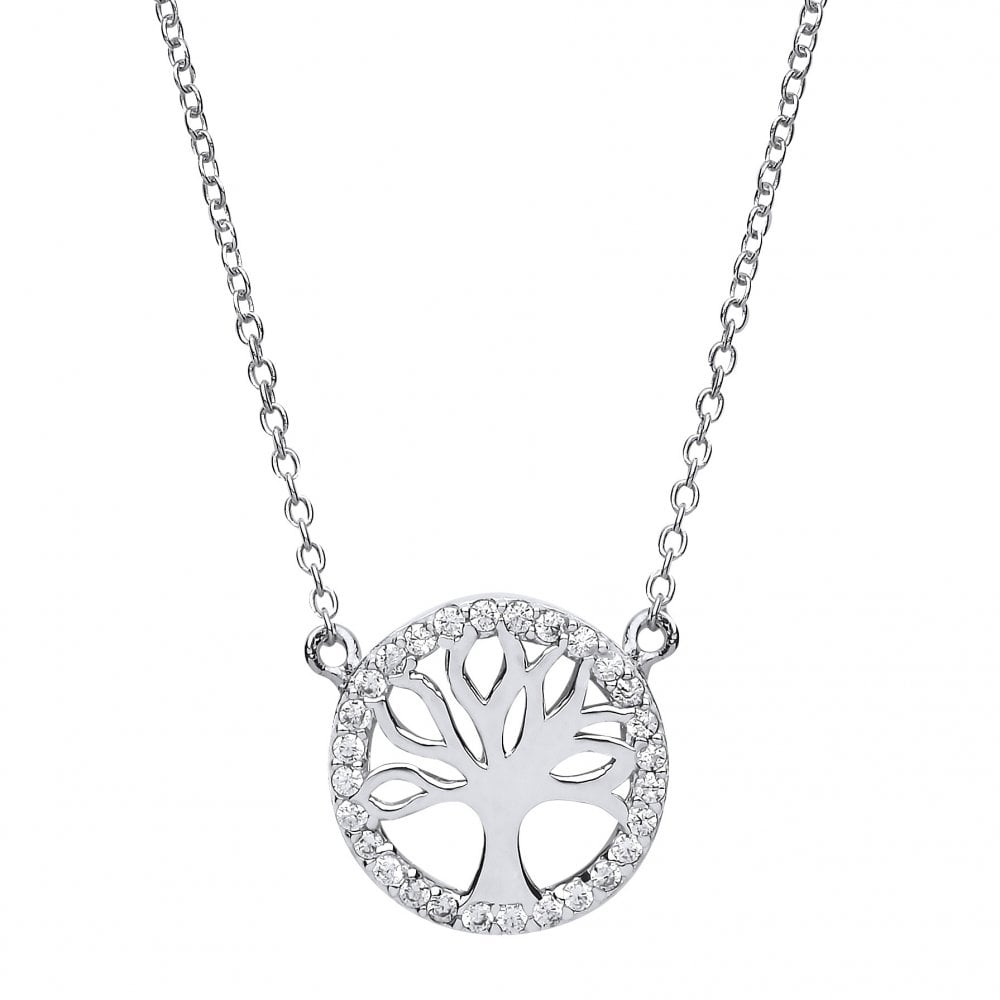 Rhodium Plated Silver Cubic Zirconia Cut Out Tree of Life Pendant Necklace