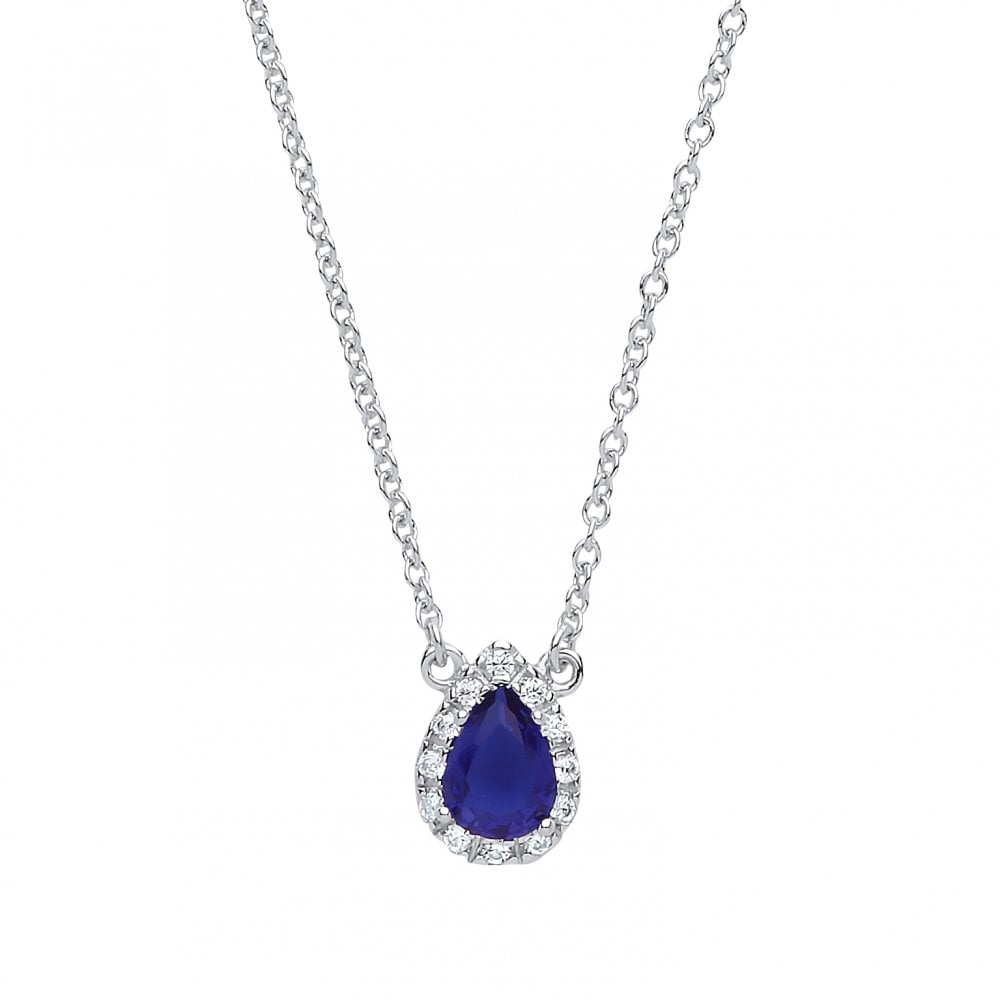 Rhodium Plated Silver Mineral Sapphire and Cubic Zirconia Tear Drop Pendant