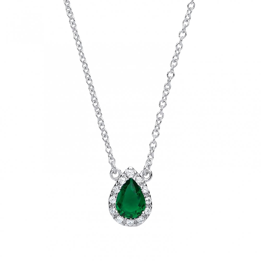 Rhodium Plated Silver Synthetic Emerald and Cubic Zirconia Tear Drop Pendant