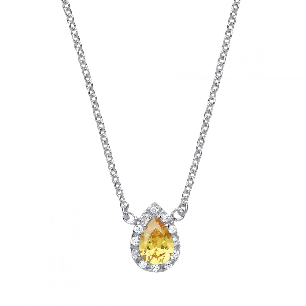 Rhodium Plated Silver Mineral Yellow Sapphire and Cubic Zirconia Tear Drop Pendant