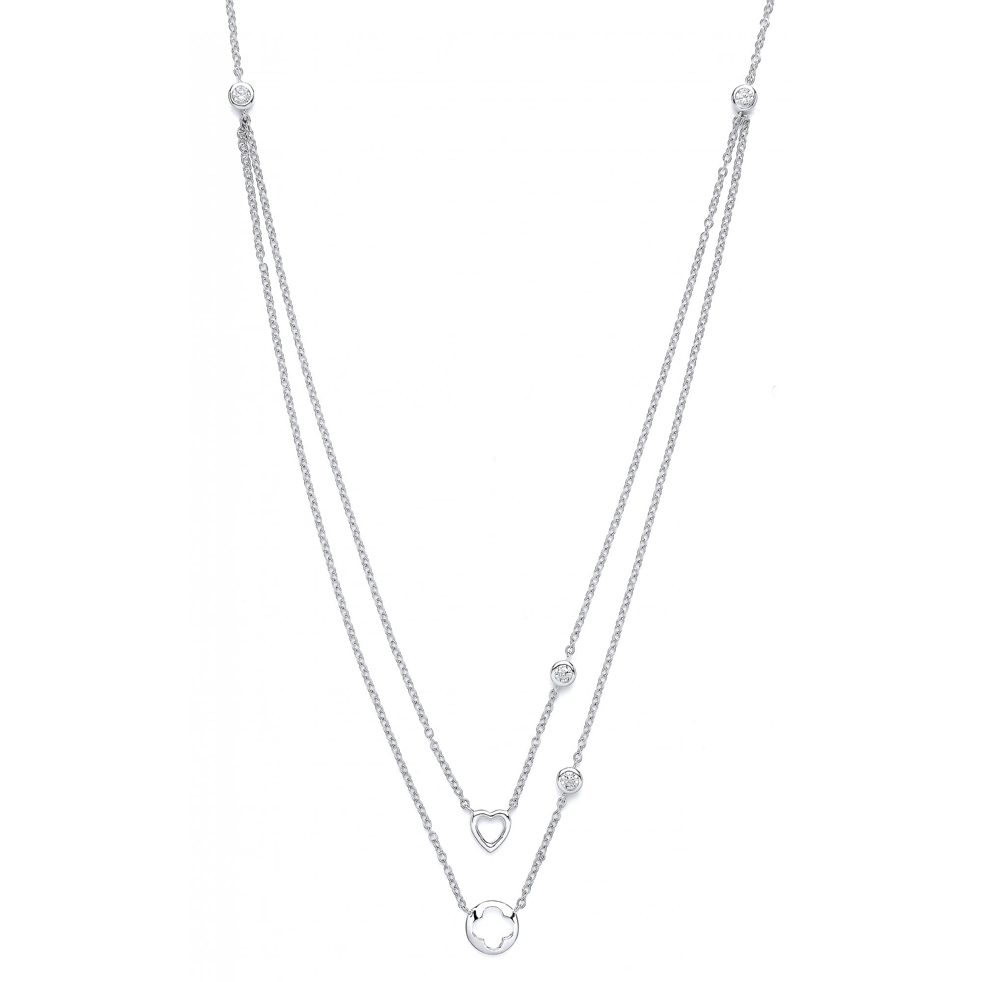 Rhodium Plated Silver Cubic Zirconia Double Chain Heart and Flower Charms Pendant