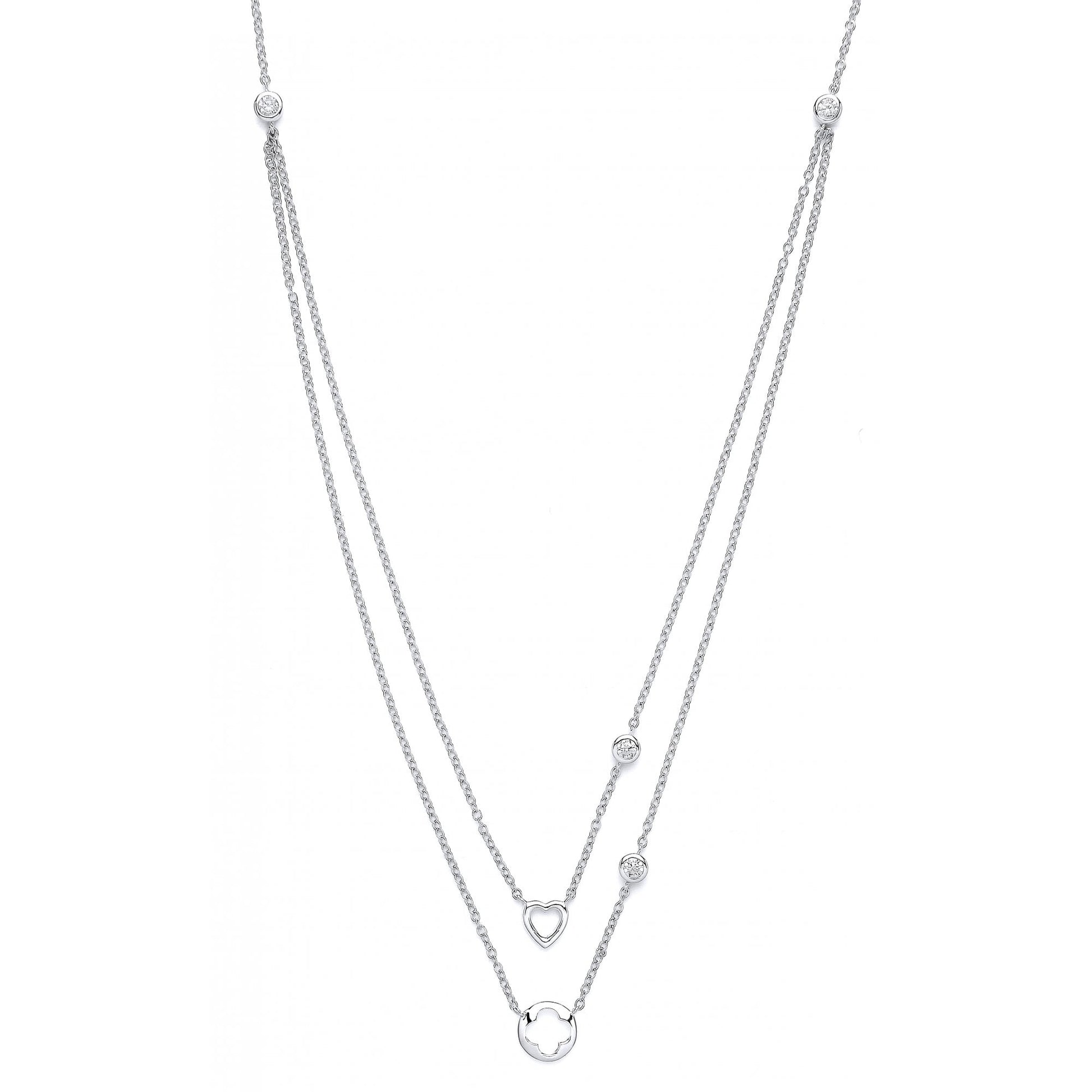 Rhodium Plated Silver Cubic Zirconia Double Chain Heart and Flower Charms Pendant