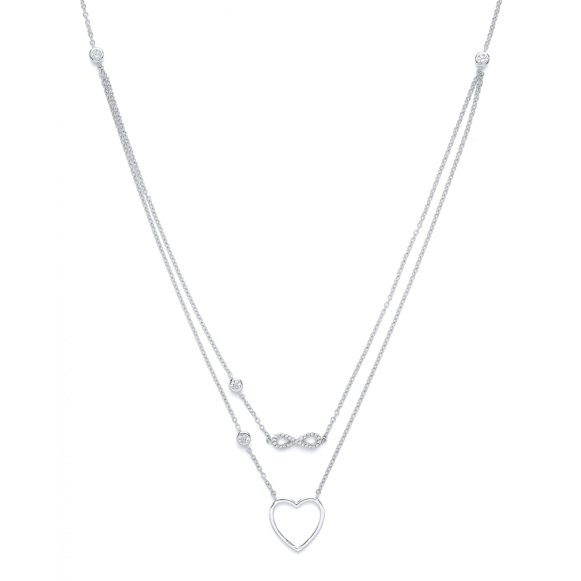 Rhodium Plated Silver Cubic Zirconia Double Chain Heart and Infinity Charms Necklace