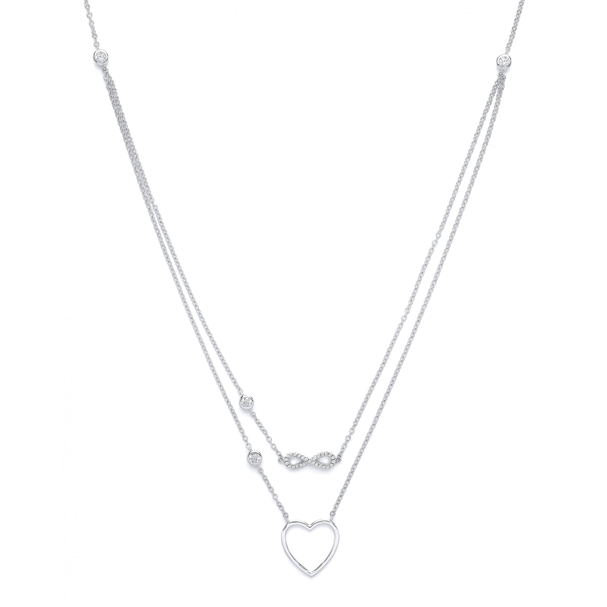 Rhodium Plated Silver Cubic Zirconia Double Chain Heart and Infinity Charms Necklace