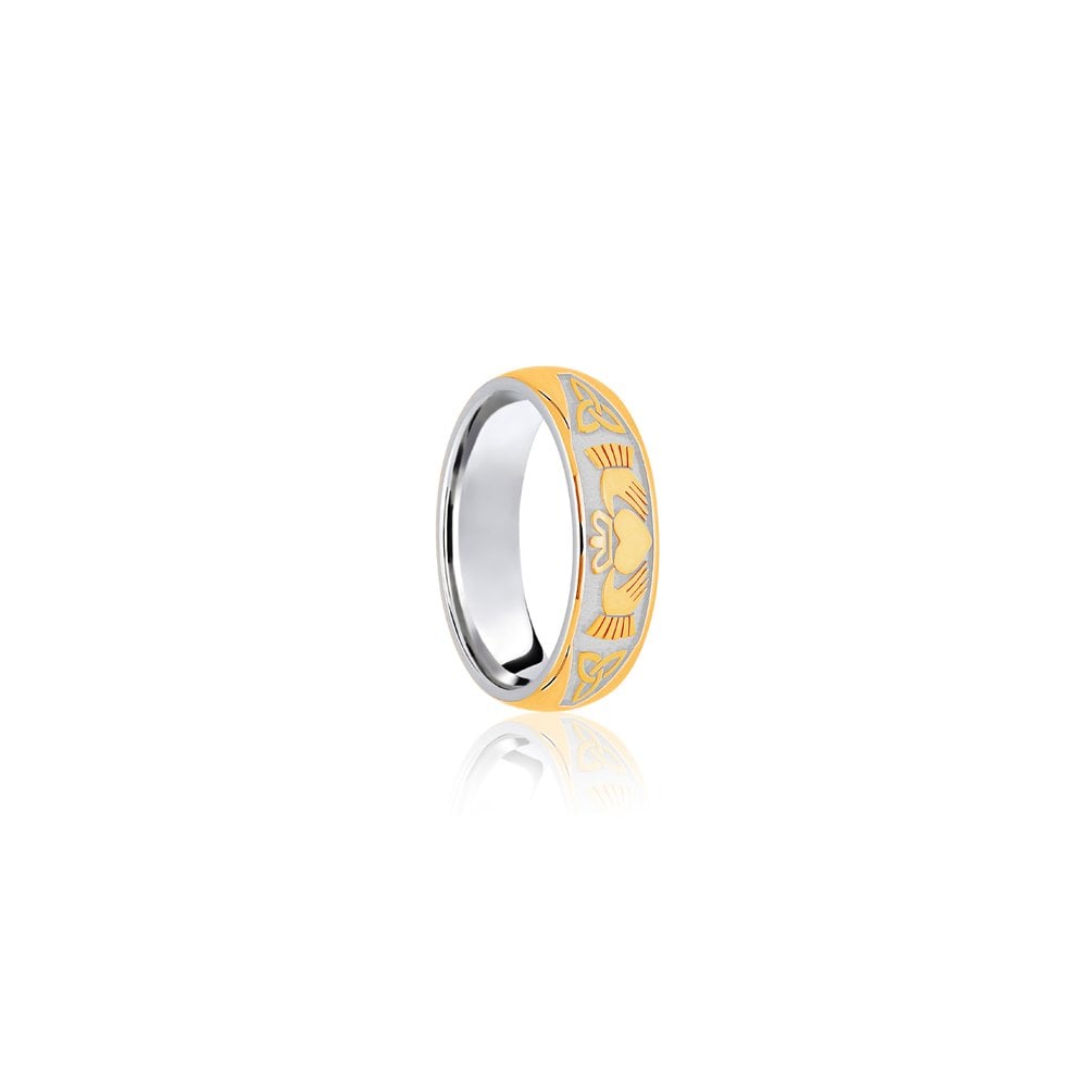 9ct White & Yellow Celtic Half Engraved Wedding Band 6mm