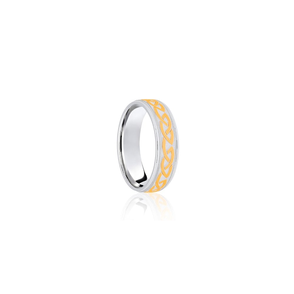 18ct White & Yellow Flat Court 6mm Celtic Laser Engraved Wedding Band