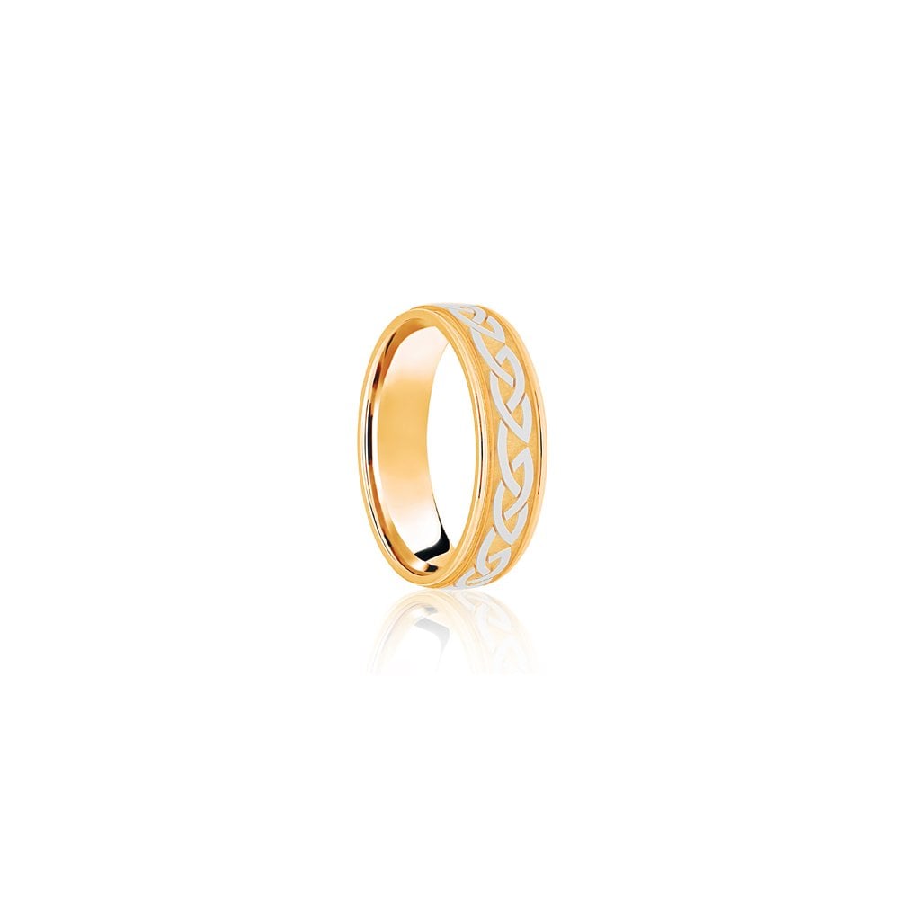 18ct Yellow & White Flat Court 5mm Celtic Laser Engraved Wedding Band